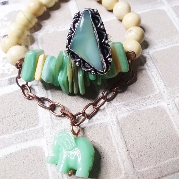 Love Elephants??? Petite Wrists! Yellow Howlite + Green Shells + Elephant Charm! - Picture 4 of 7